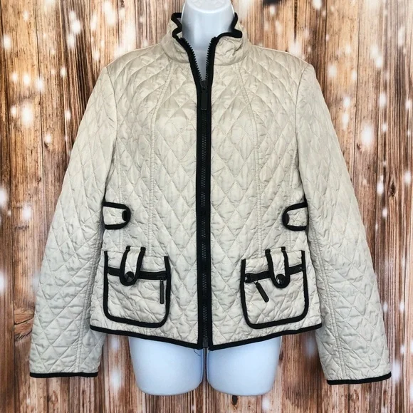 Ann Taylor Pearl White with Black Trim Quilted Zipper Jacket - Picture 1 of 6